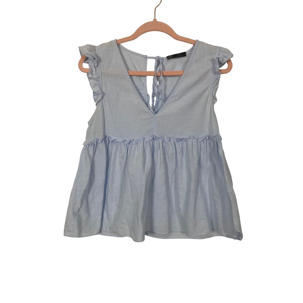 Zara Trafaluc Women Baby Blue Baby Doll Flutter Sleeve Top Blouse Size XS